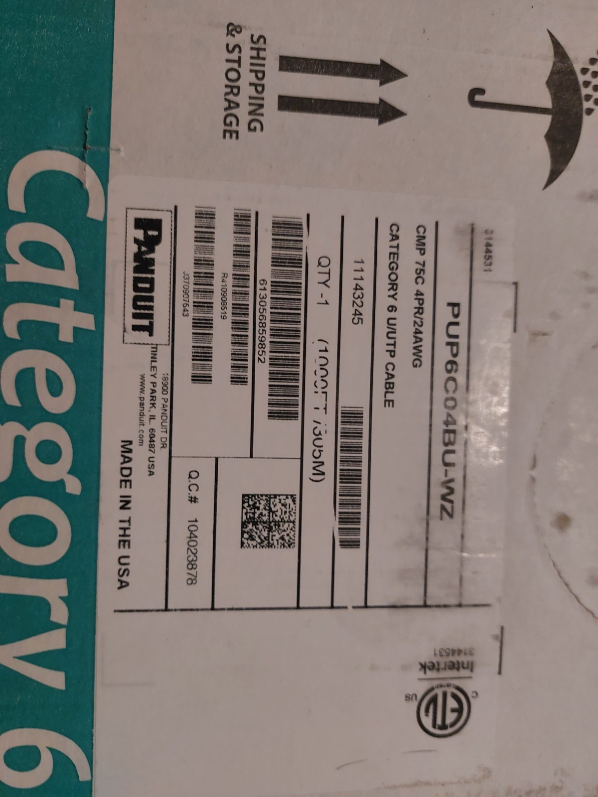 Panduit Cat6 Plenum CMP 23AWG Blue Network Cable 1000 FT Pull Box USA Made