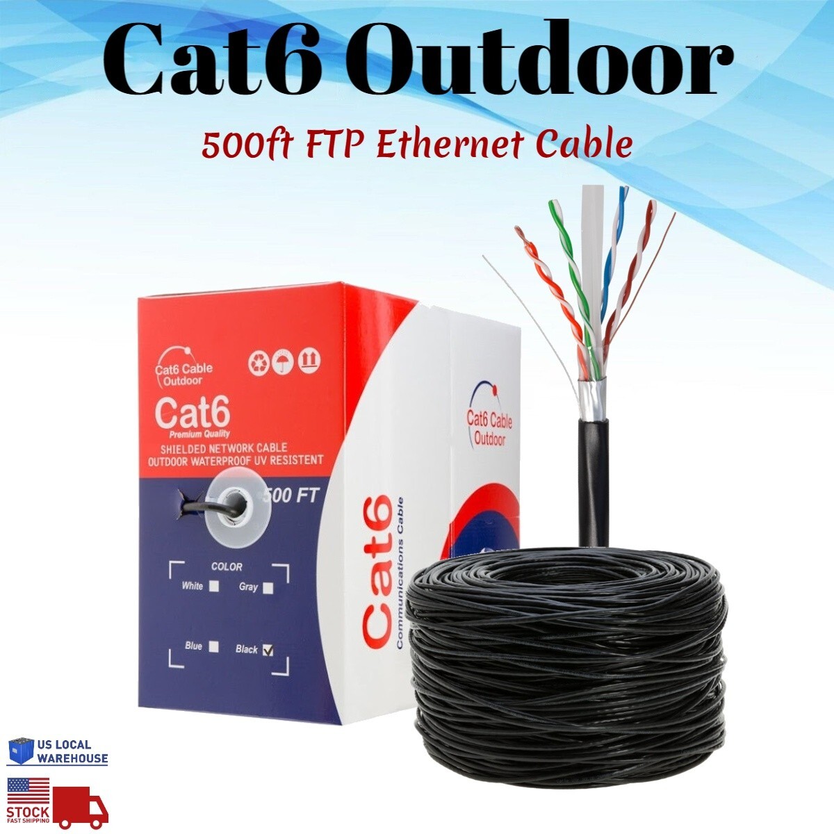 Shielded 500ft Outdoor Cat6 Ethernet Cable FTP Solid Direct Burial Black UV