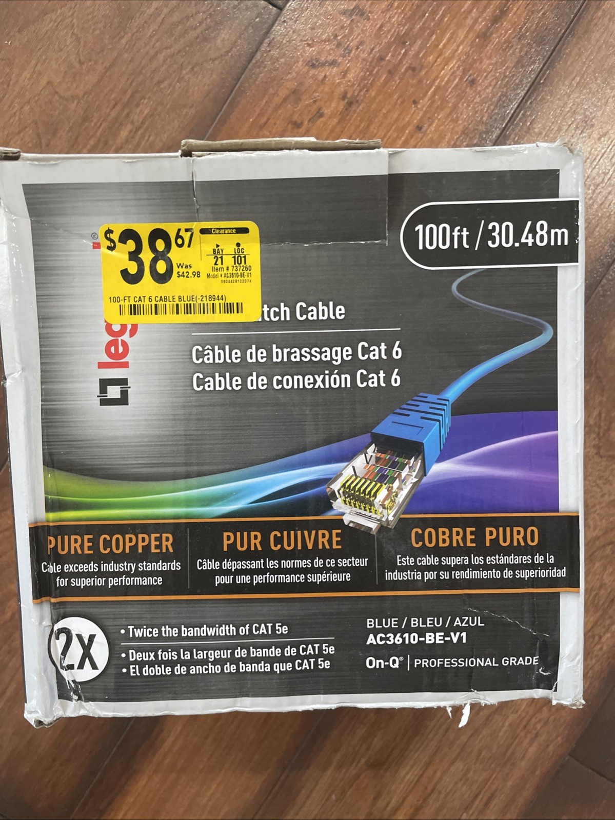 Cat 6 Patch Cable 100ft. Legrand AC3610BEV1 Ethernet Speed Cable