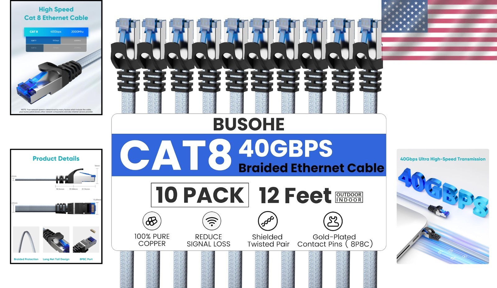 Cat 8 Ethernet Cable 12FT 10-Pack – Universal Compatibility