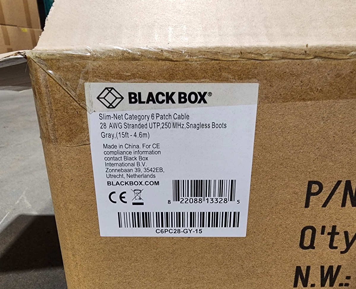 50 Pack 15ft Gray Black Box Slim-Net Cat 6A Patch Cable 28AWG UTP Snagless