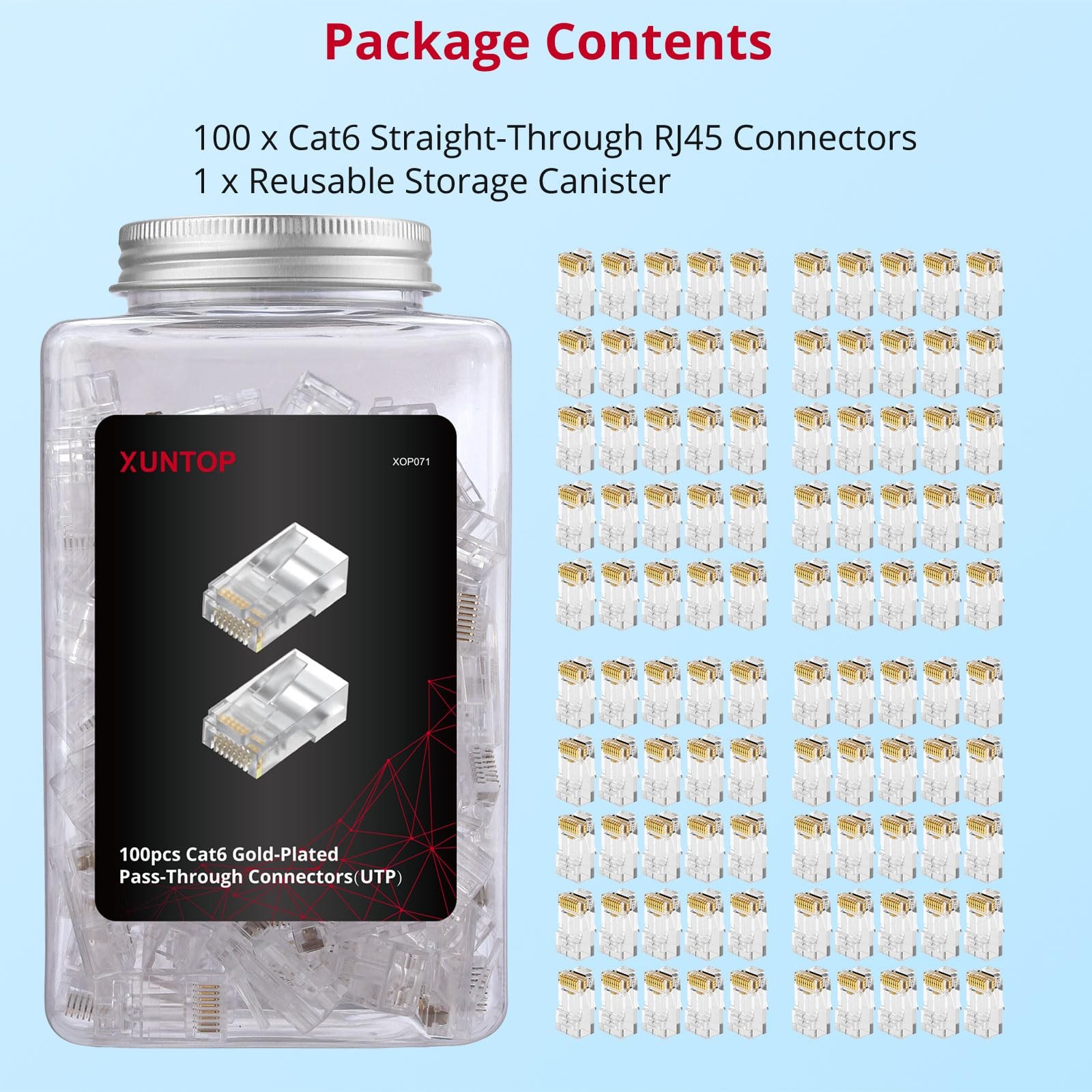 100-Pack RJ45 Connectors for Cat6 Cat5 Cat5e Gold-Plated RJ45 Pass Through