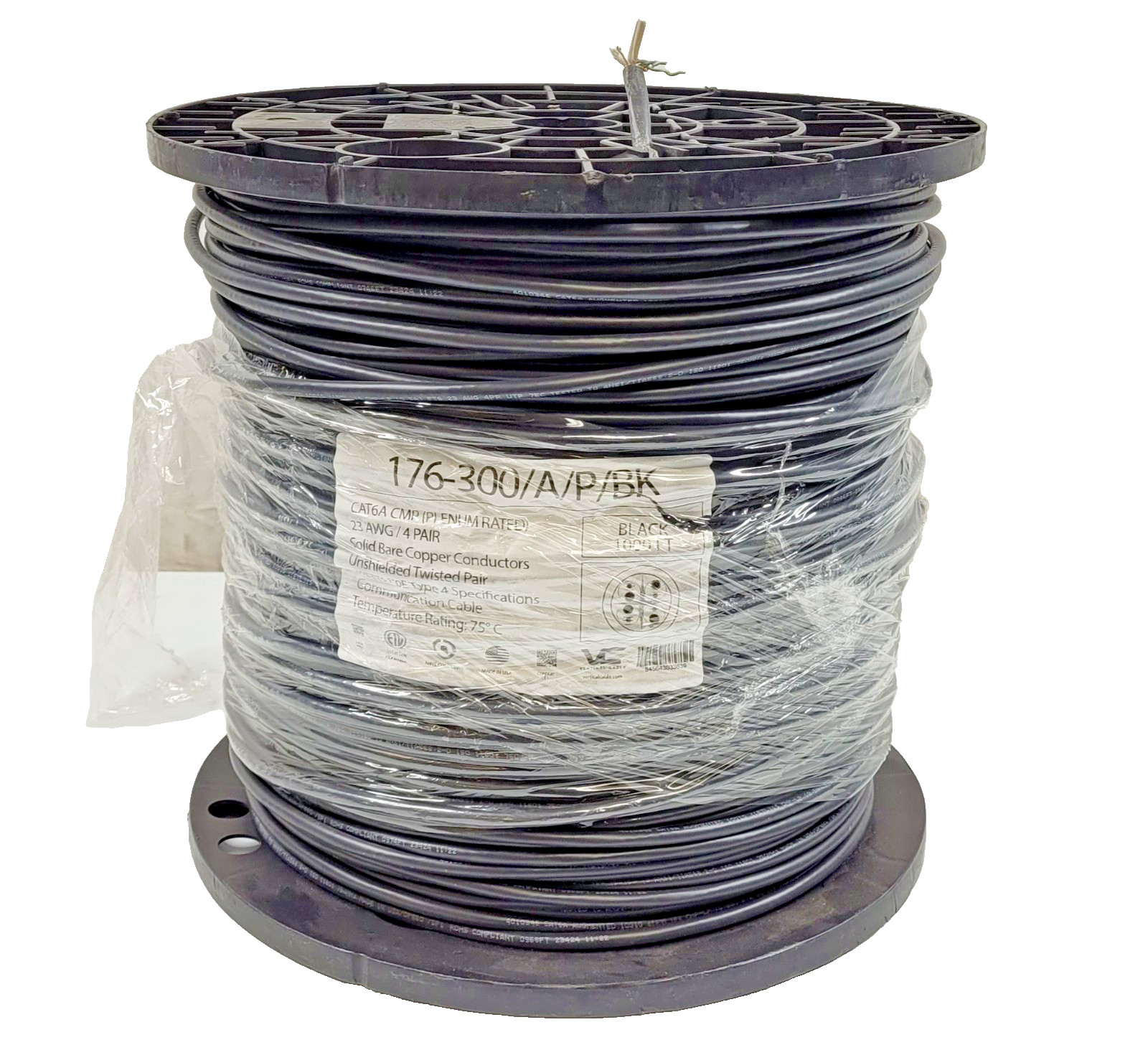Vertical Cable CAT6A UTP, CMP, 23AWG, Solid, 550MHz, Made in USA – 1000ft