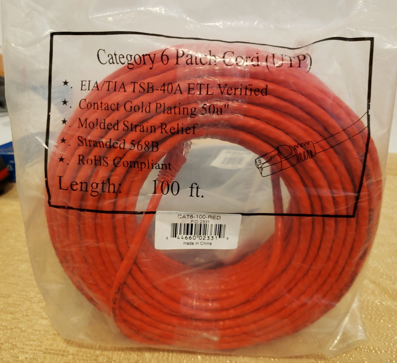 New CAT6-100-RED Category 6 Patch Cord UTP EIA/TIA TSB-40A Cable 100Ft