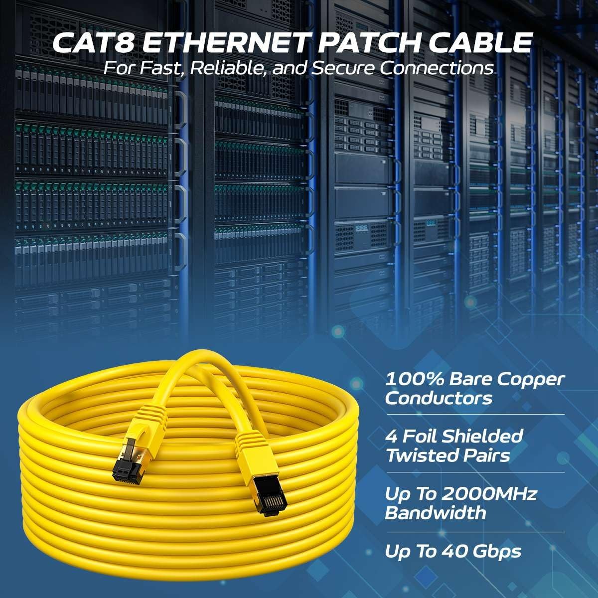 Cat8 Yellow 7 Ft SFTP Ethernet Patch Cable 40Gbps 2000Mhz 26AWG Shielded RJ45
