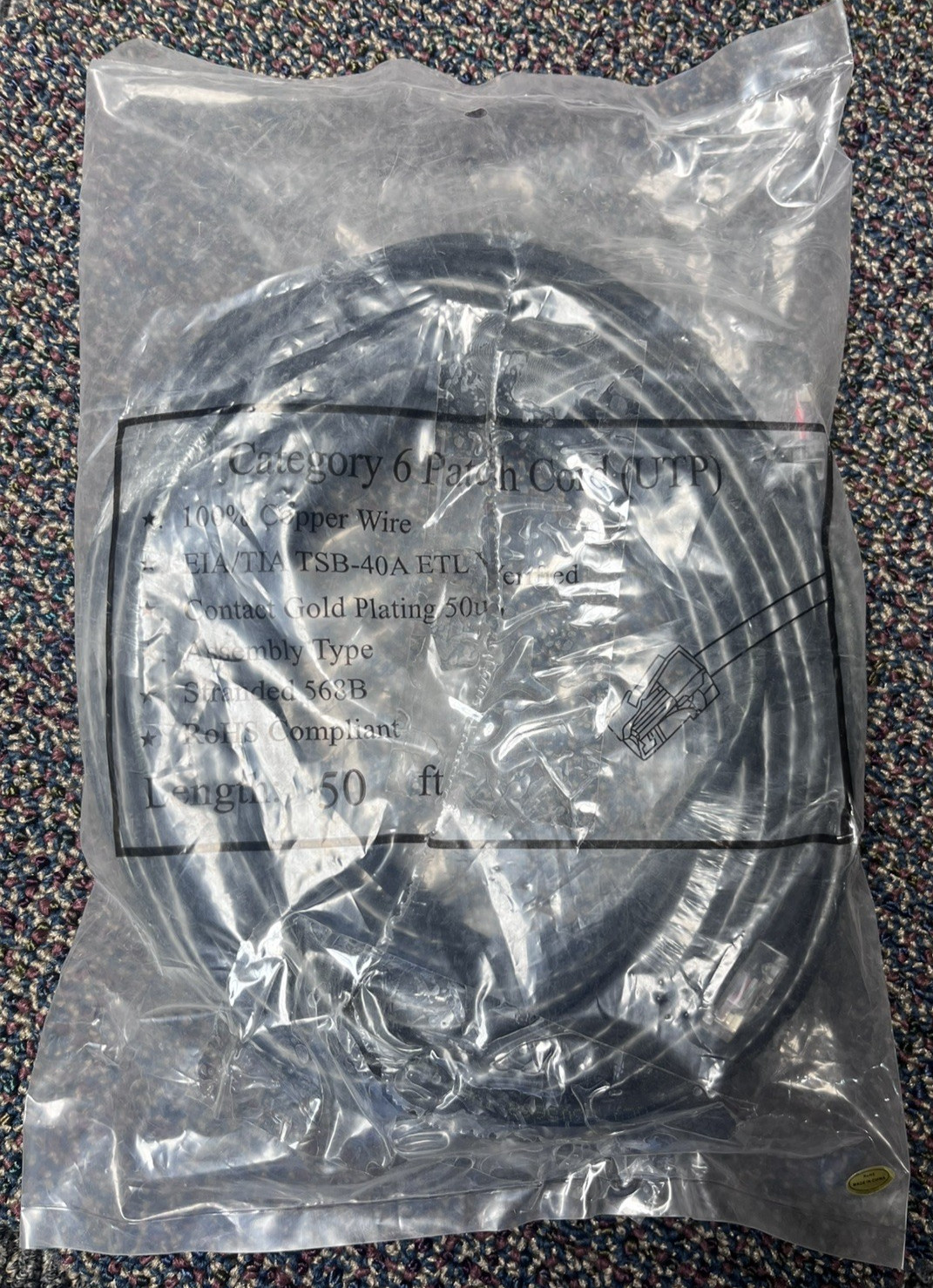 (1) CAT 6 50′ PATCH CORD, UTP, BLACK. NOS.