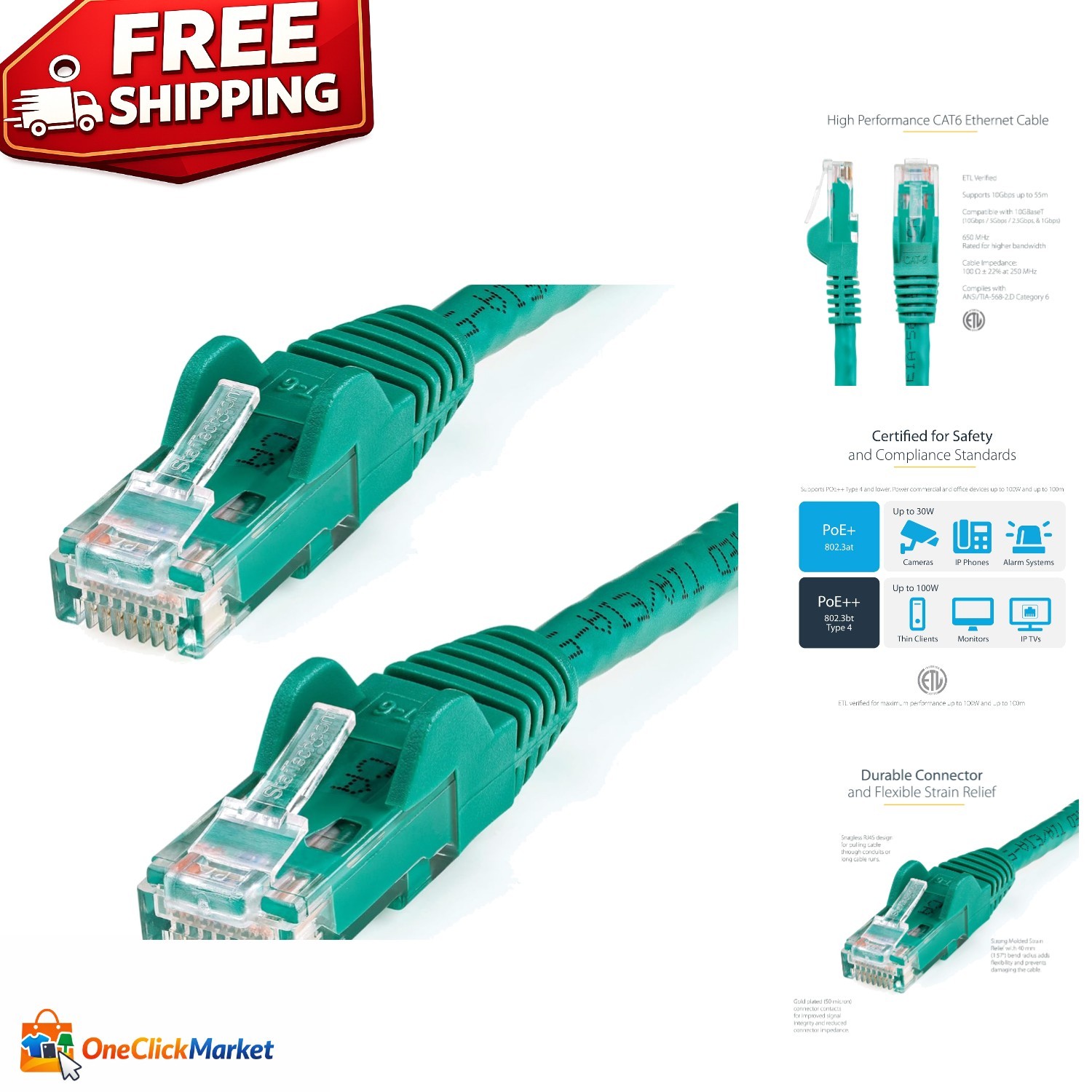 Durable Green 6ft Ethernet Cable – CAT 6 Snagless Design with Strain Relief