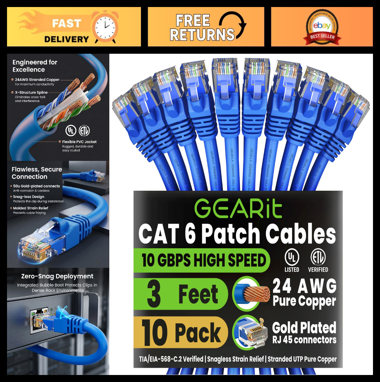 Cat 6 Ethernet Patch Cable 3ft Blue (10 Pack) – 10Gbps, 550MHz, Snagless, RJ45