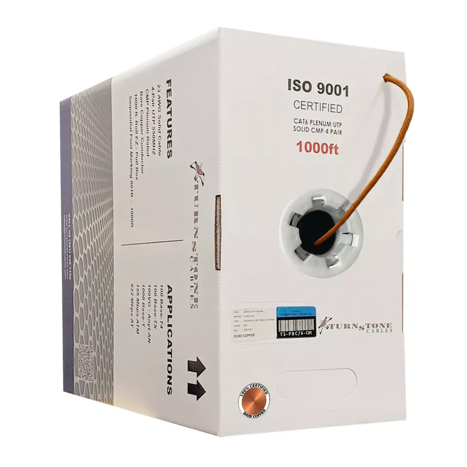 TSCables Cat6 PLENUM UTP (CMP) 100% SOILD BARE COPPER 550Mhz 1000FT CABLE ORANGE