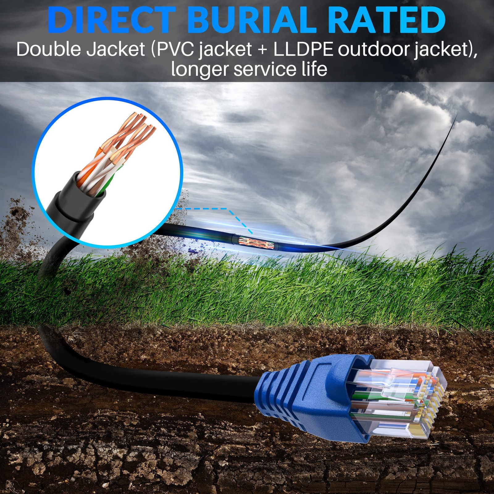 150ft Cat6 Outdoor Ethernet Cable, Waterproof, Direct Burial, Supports PoE