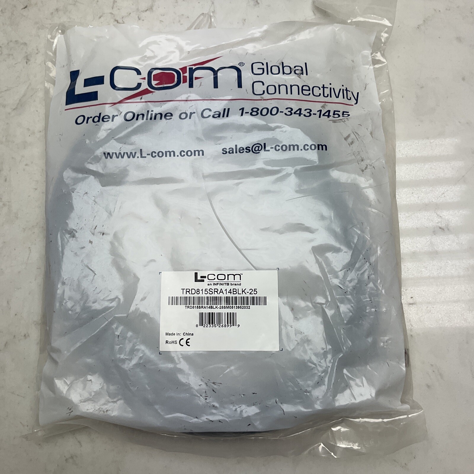 6 Pk L-Com TRD815SRA14BLK-25 Cat 5E RJ45 Ethernet Patch Cord Right Angle 25′ ft