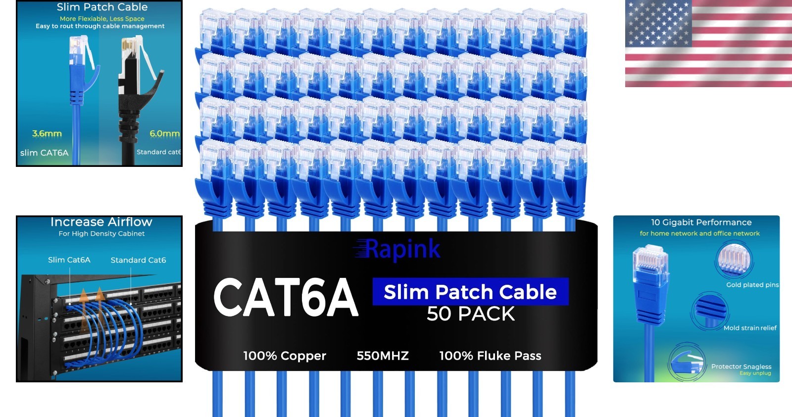 Superior 50 Pack Cat6a 2ft Ethernet Patch Cables – Space-Saving Slim Design