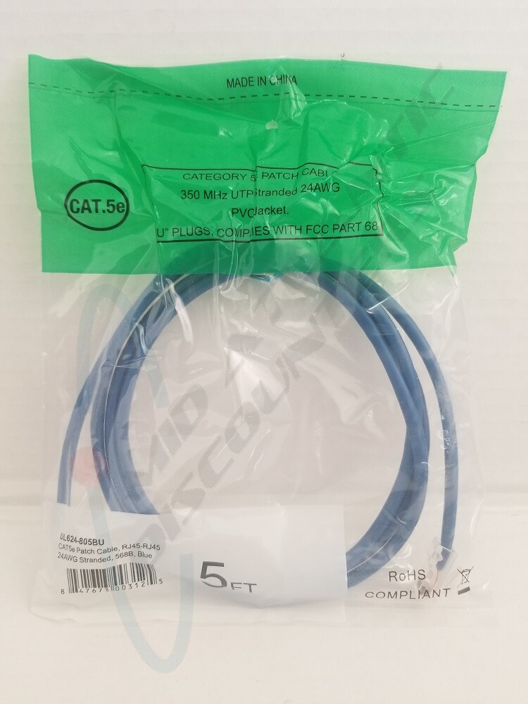 Category 5E Patch Cable 5′ 350MHz UTP Stranded 24AWG 568B Blue ROHS Compliant