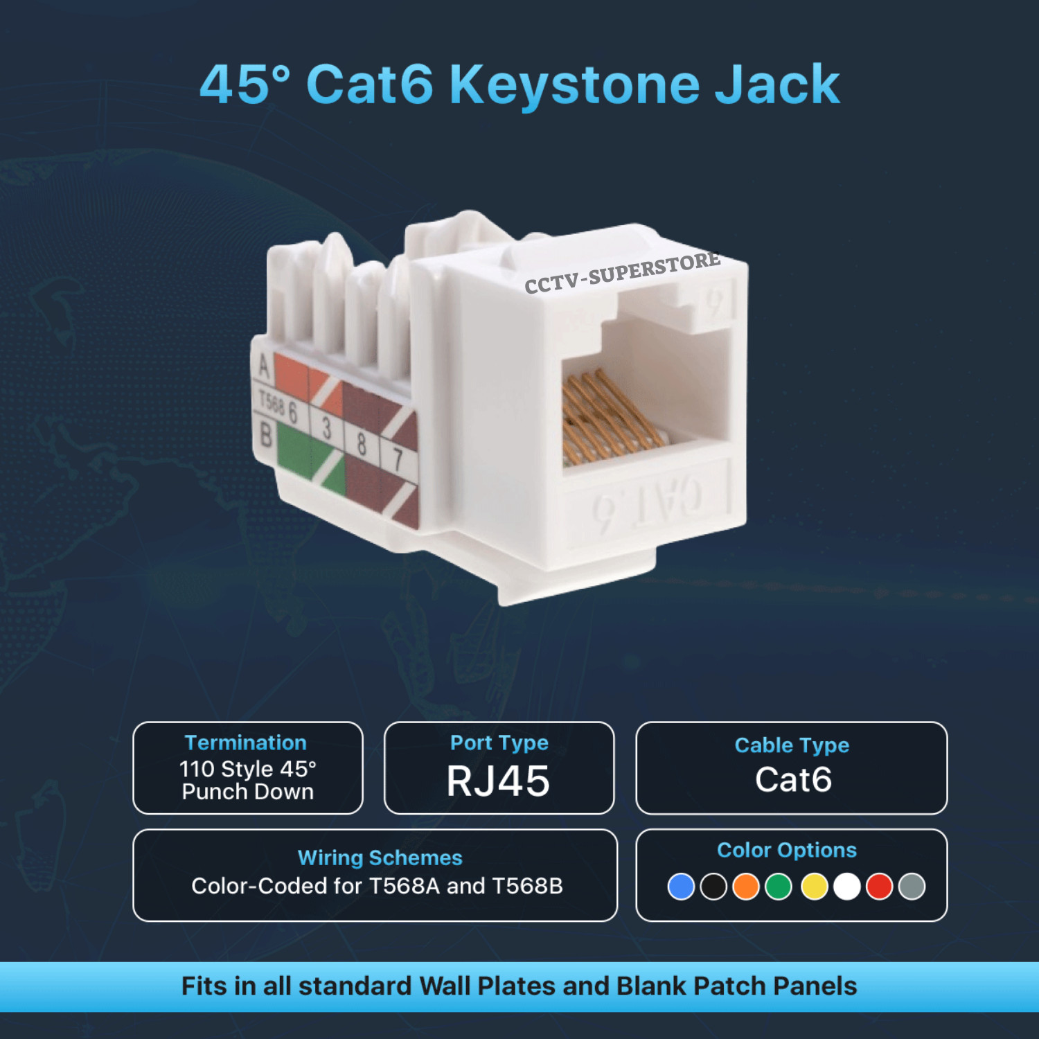 White Cat6 Keystone Jack 45 Degree Angled Network RJ45 110 Punch down Lan Lot