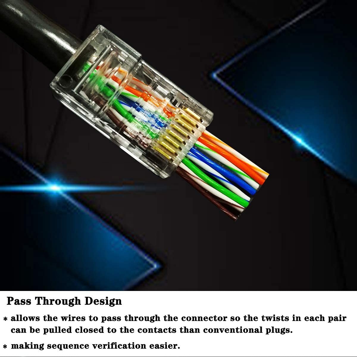 Gold Plated RJ45 Cat6/Cat5 Pass-Through Connectors, 100 Pack for Easy Networking