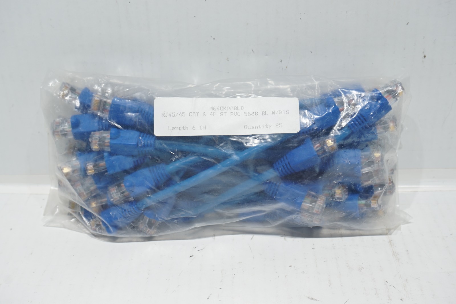 (25) RJ45/45 CAT6 4P ST PVC 568B BLUE W/BTS 6″ CABLES – NEW M64CKPABLB