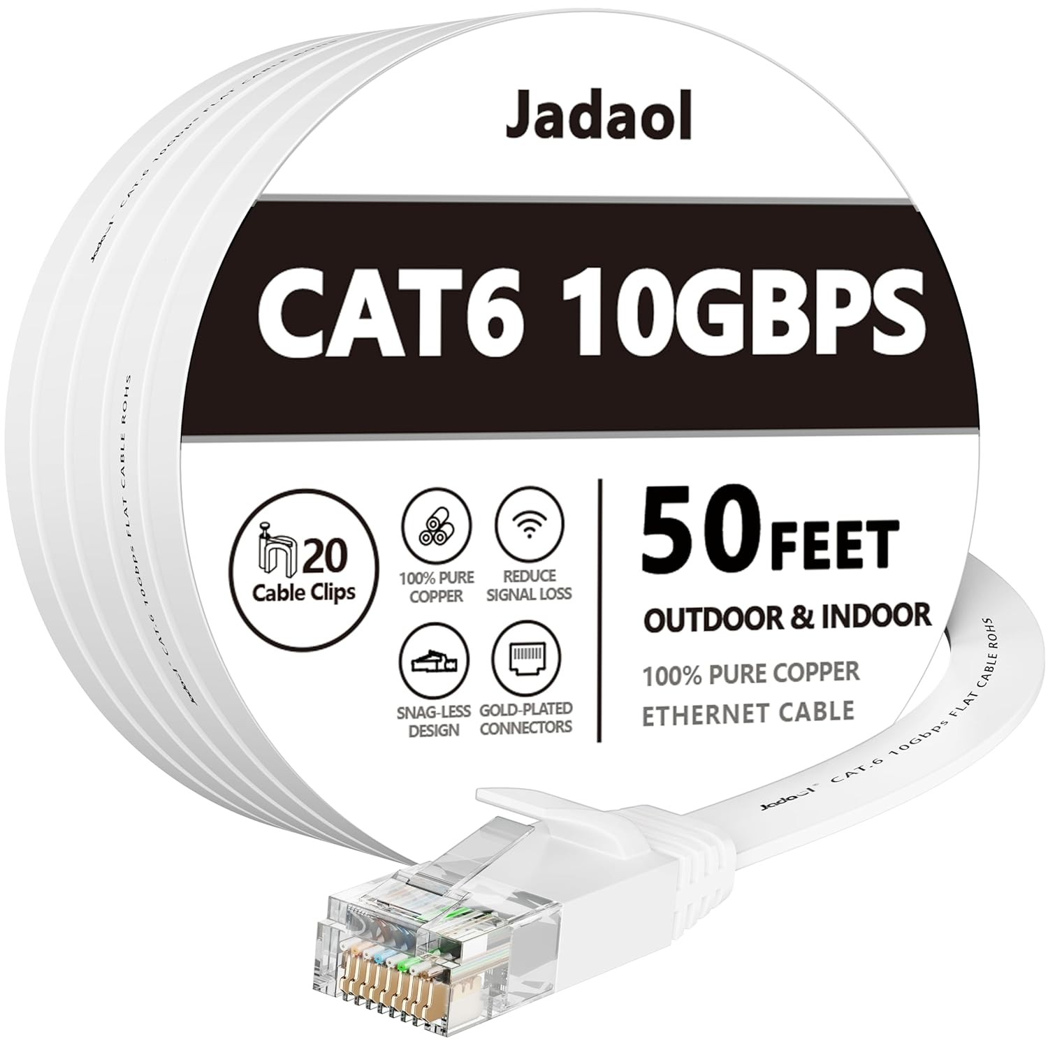 Jadaol Cat 6 Ethernet Cable 50 ft, Outdoor & Indoor 10Gbps 50ft, White