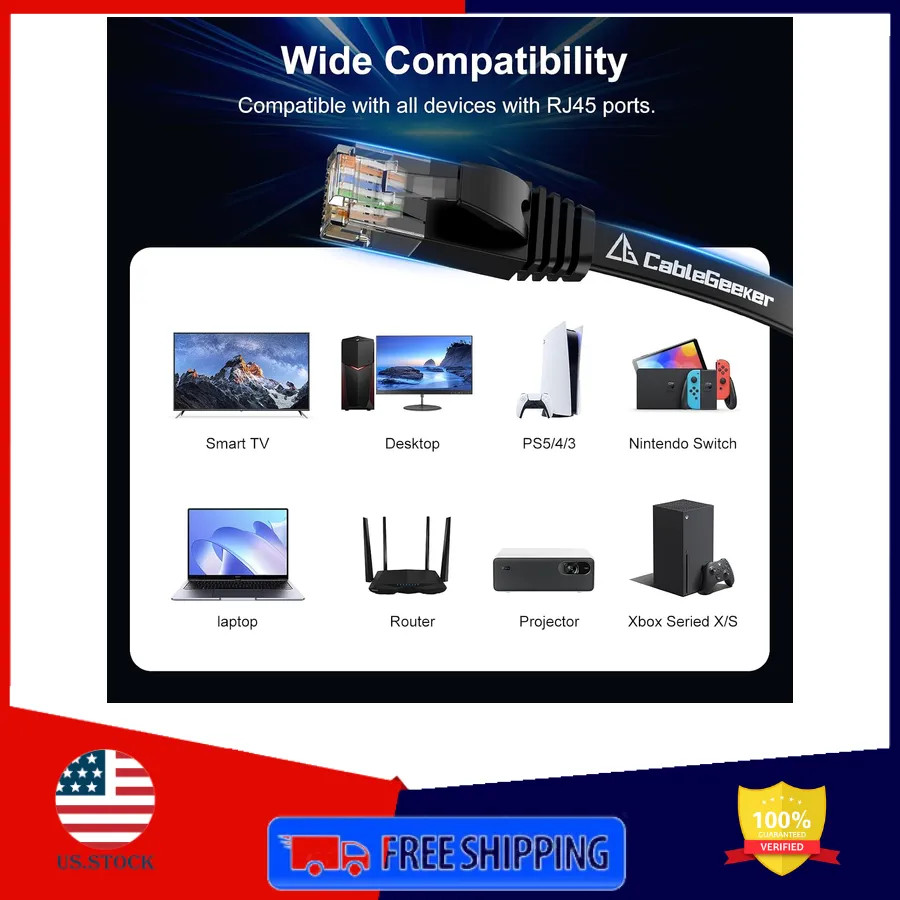 Cat 6 Flat Ethernet Cable 100ft 10Gbps Black High Speed RJ45 Network Patch Cord