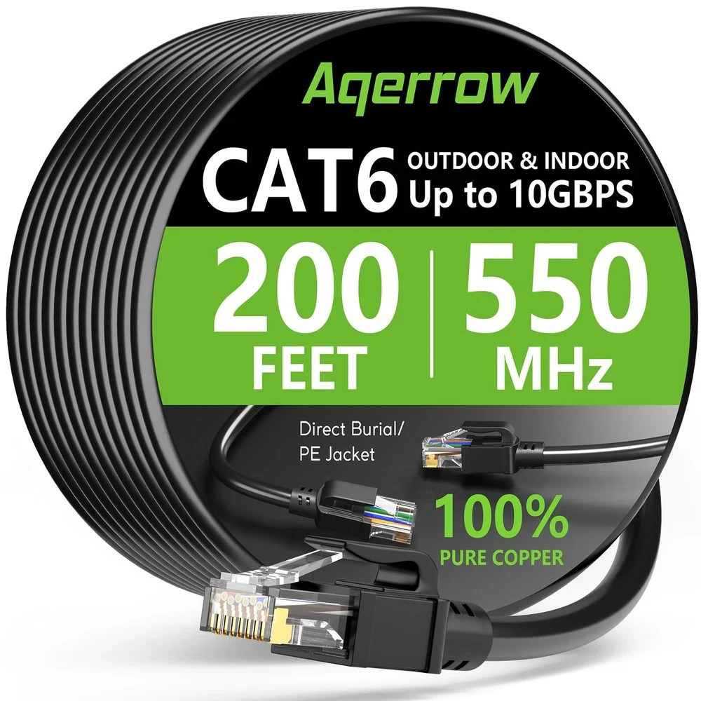 200 ft Cat-6 Outdoor Ethernet Cable – 10 Gbps, UV Resistant, Waterproof Quality