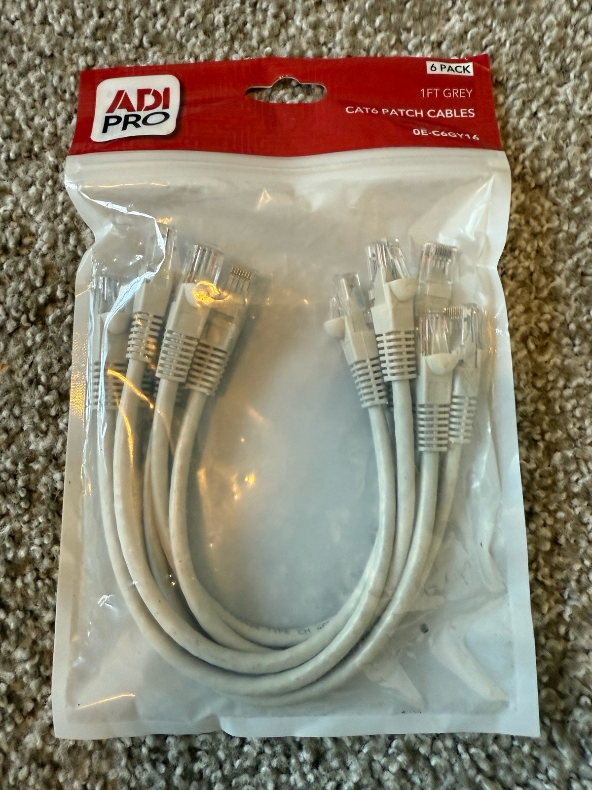 Lot of 6, ADI Pro CAT6 Patch Cables 1FT Grey 0E-C6GY16 6-Pack (36 Total)