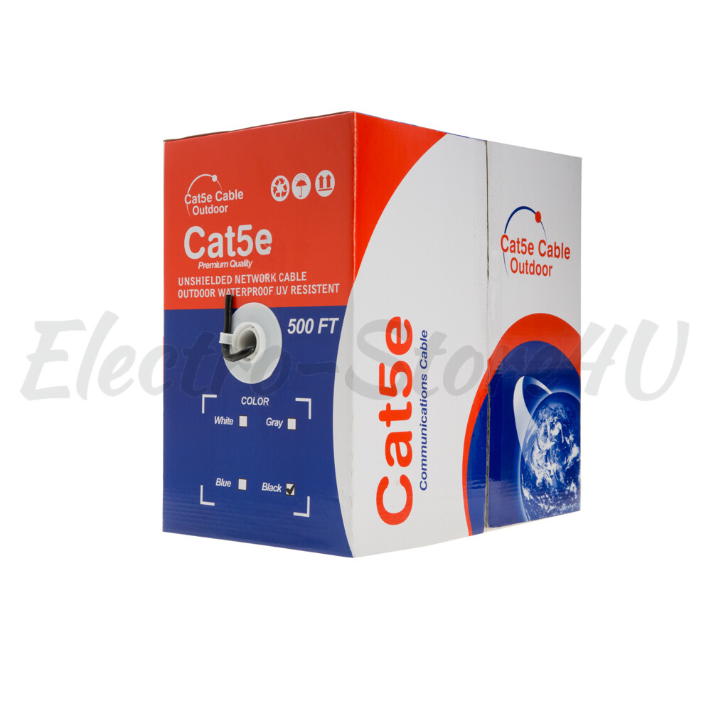 500ft Cat5e Cat5 Outdoor Ethernet Cable UV Rated UTP Solid Direct Burial Black