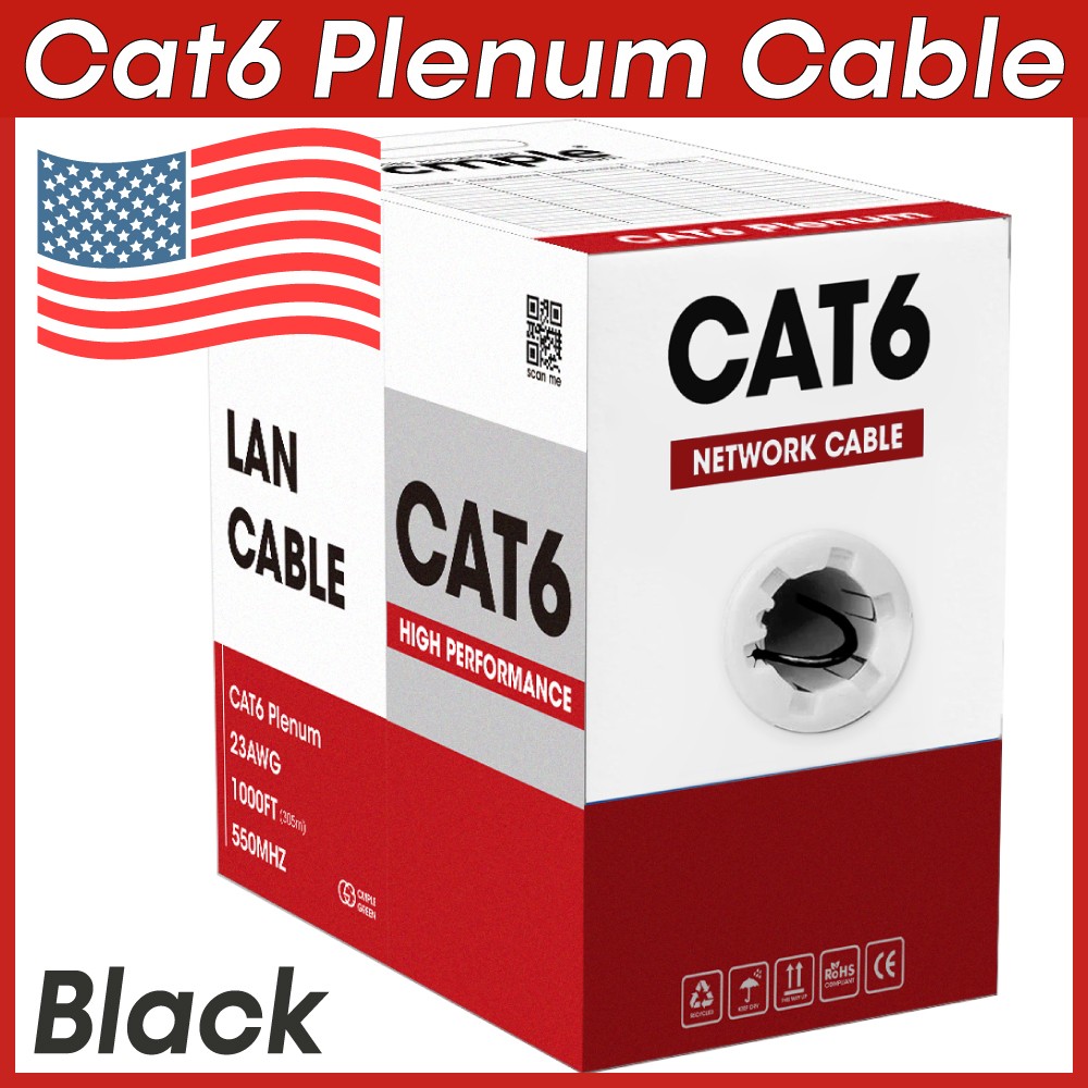 Cat6 Plenum Ethernet Cable 1000ft CMP Solid 23AWG UTP Bulk Pull Box Black
