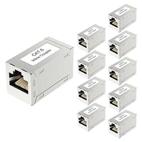 RJ45 Cat6 Coupler 10-Pack, Shielded Ethernet Extender, PoE Female to Female Conn