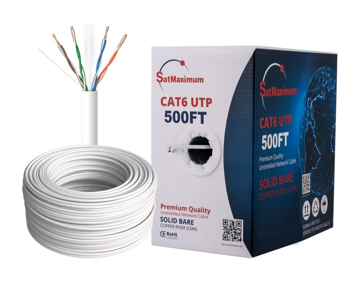 500FT CAT6 Riser Ethernet Cable 23AWG 550MHz CMR Solid Bare Copper Wire White