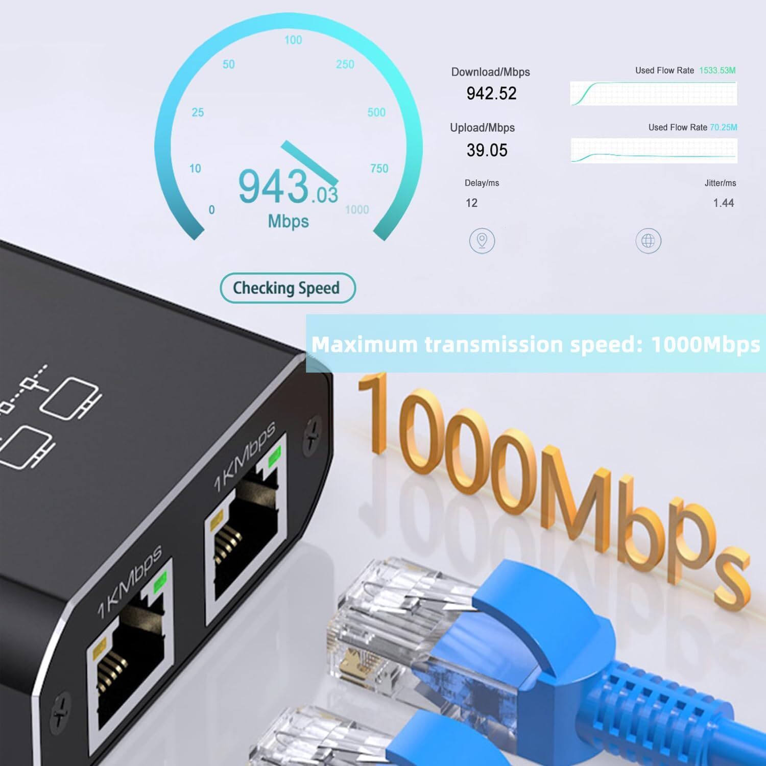 RJ45 Gigabit Ethernet Splitter 1000Mbps LAN Network Internet 1 to 2 Out Adapter