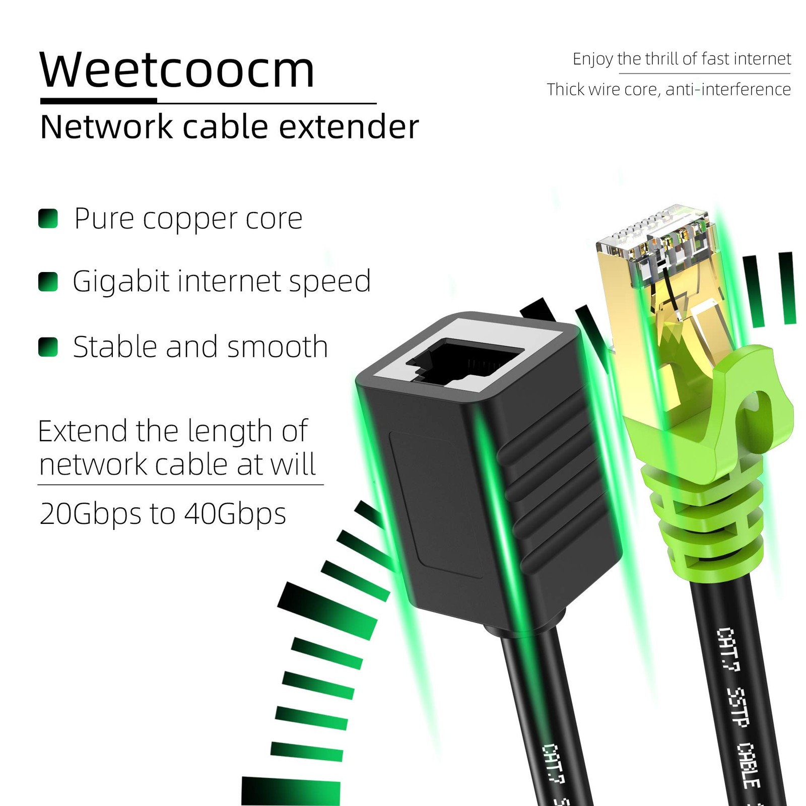 Ethernet Extension Cable 20FT Cat6a Network Patch RJ45 Shielded Male Female