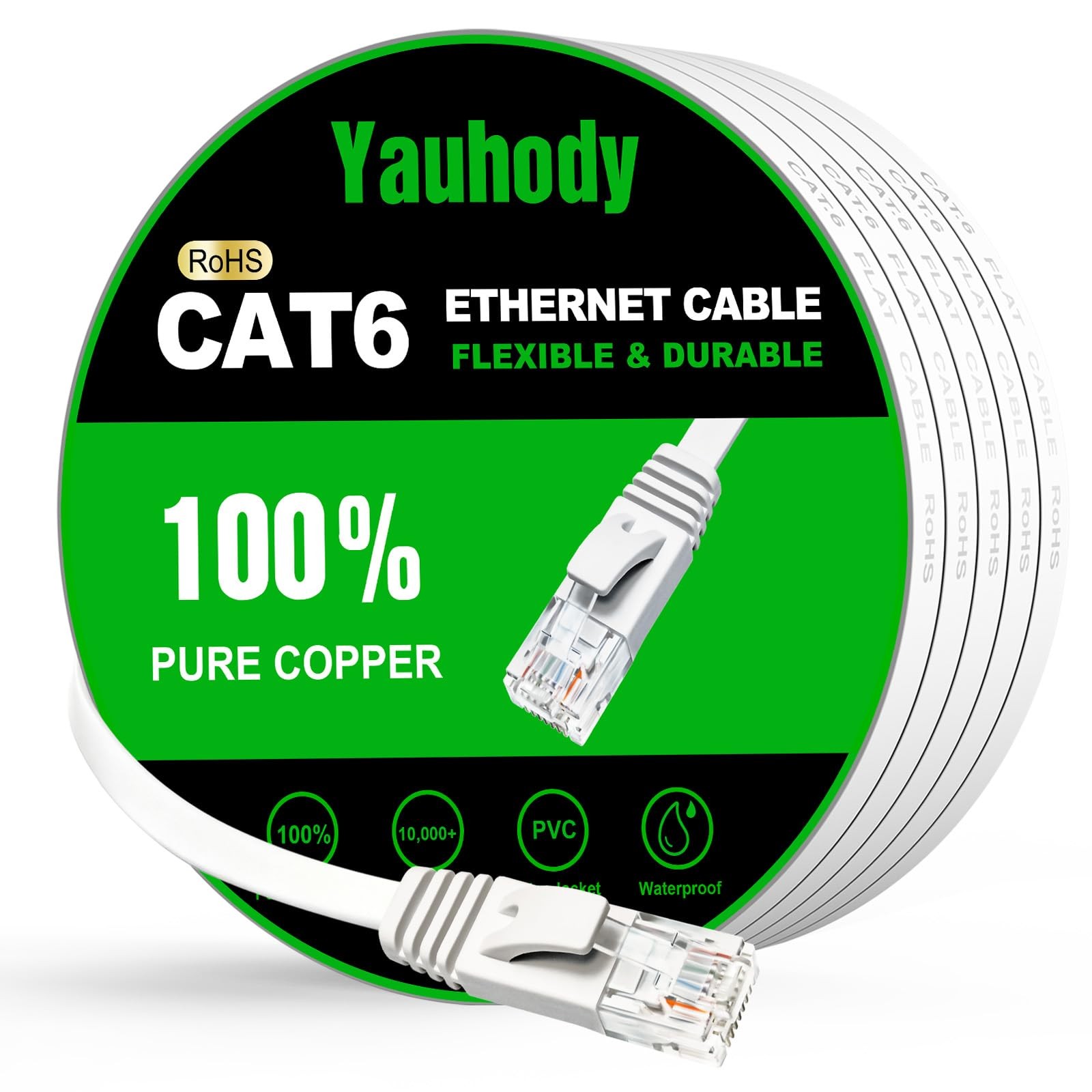 65 FT White CAT 6 Ethernet Cable Gigabit High Speed Flat Snagless RJ45