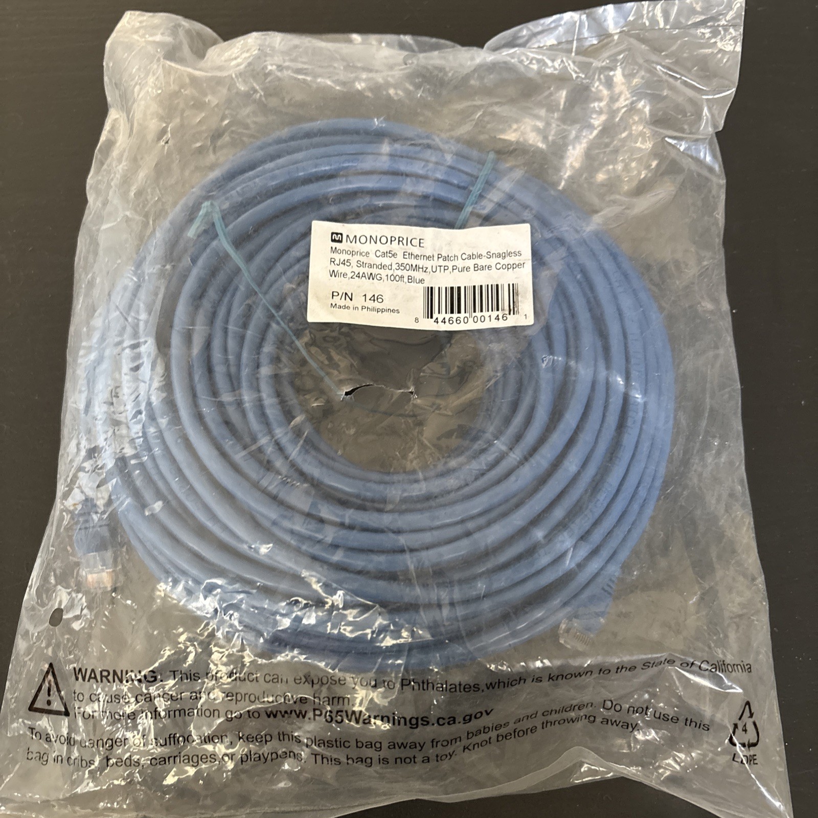 Cat5e Ethernet Patch Cable RJ45 Stranded 350Mhz UTP Copper Wire 24AWG 100ft Blue
