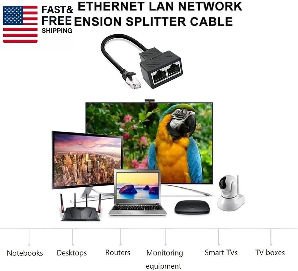 Ethernet Splitter 1 to 2 RJ45 Network Cable Adapter, Note Only Connect One Net