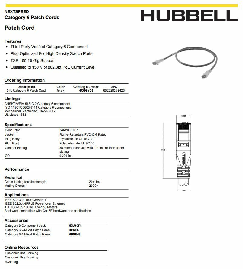 (10) Hubbell HC6GY05 NEXTSPEED Universal Category 6 Patch Cord, 5′ Length, Gray
