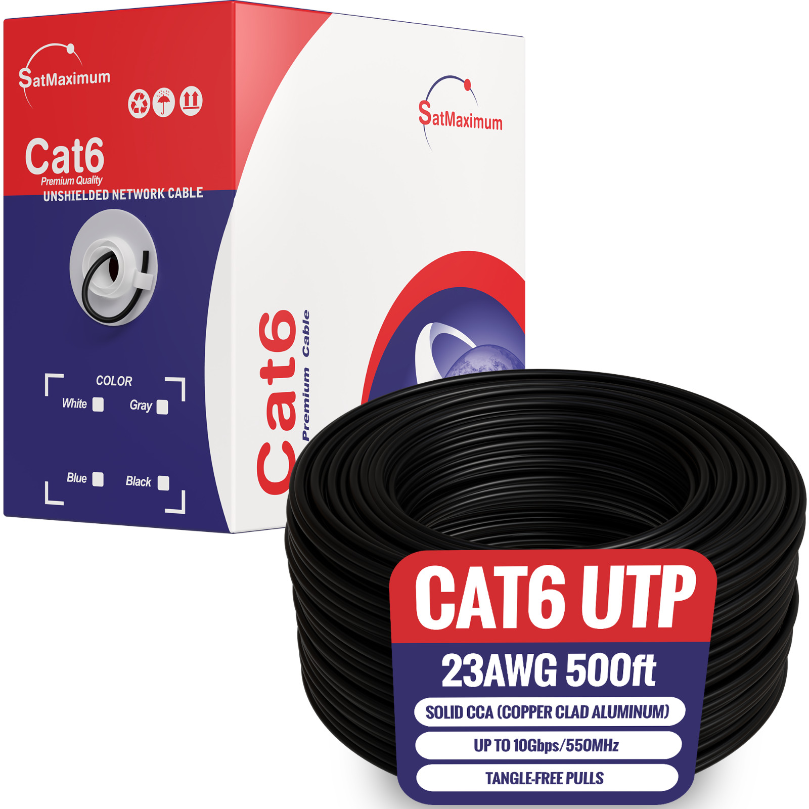 CAT6 Ethernet Cable 500ft UTP 23AWG Solid CCA Pull Box, Black