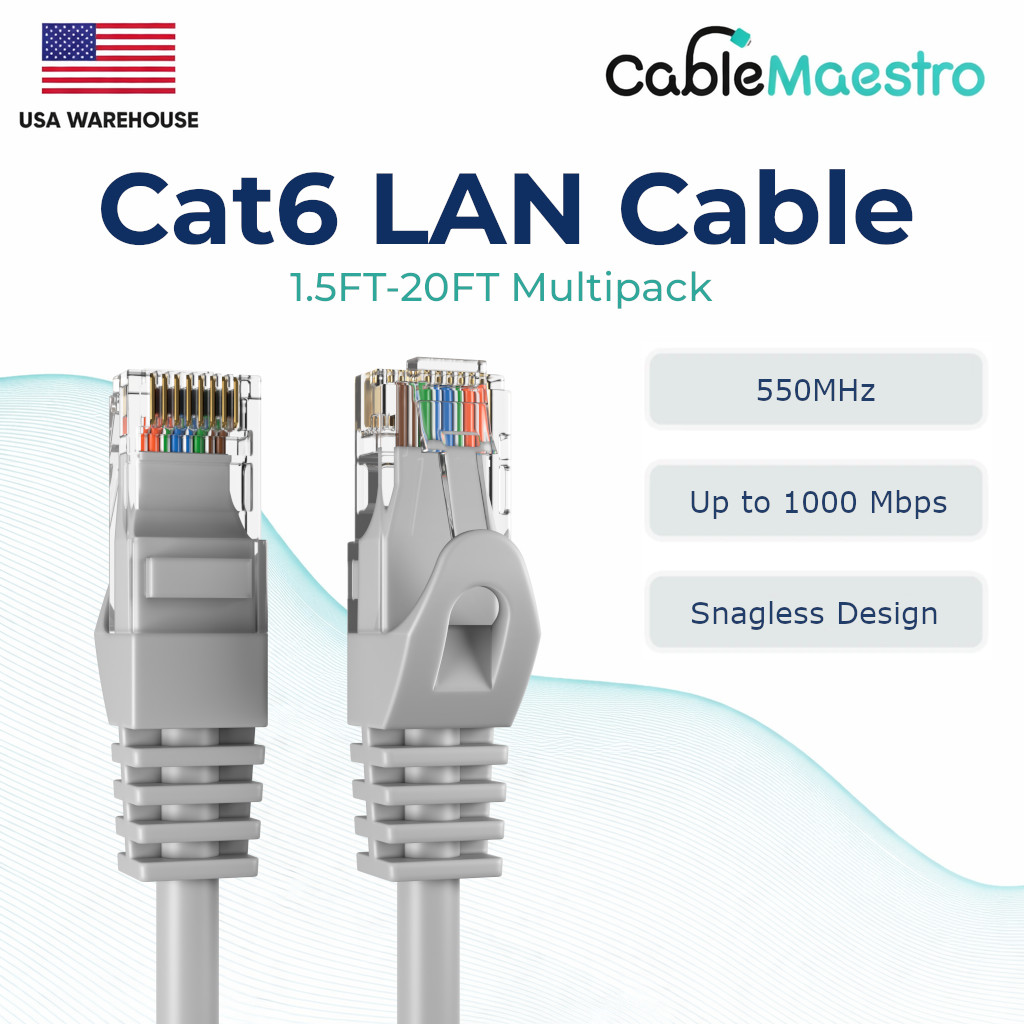 CAT6 Ethernet LAN Network RJ45 Patch Cables 1.5FT-20FT Multipack LOT, Gray