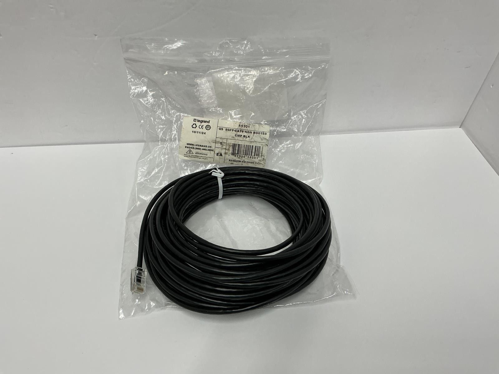 Legrand QS 50ft CAT6 Non Booted CMP Black UTP Plenum RJ45 Male Cable CG15301