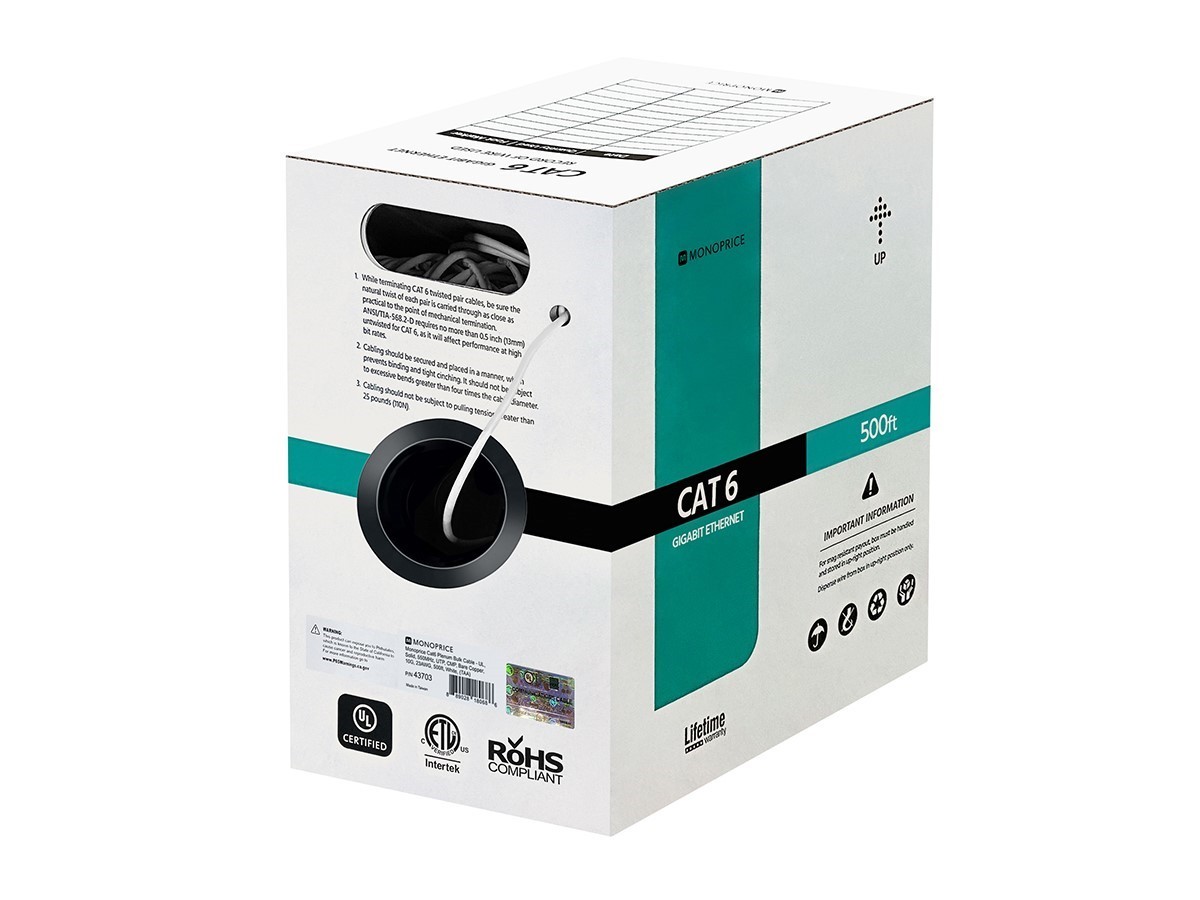 Monoprice Cat6 Plenum Bulk Cable 500ft White UL Solid 550MHz UTP CMP 10G 23AWG