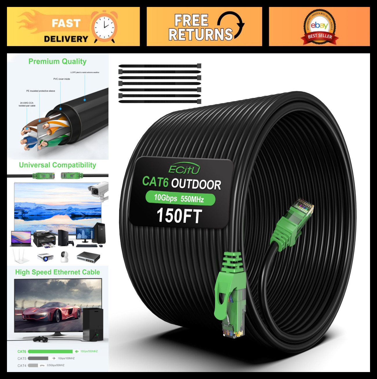 150FT Heavy Duty Cat6 Outdoor Ethernet Cable – Direct Burial, 24AWG, PoE Ready,