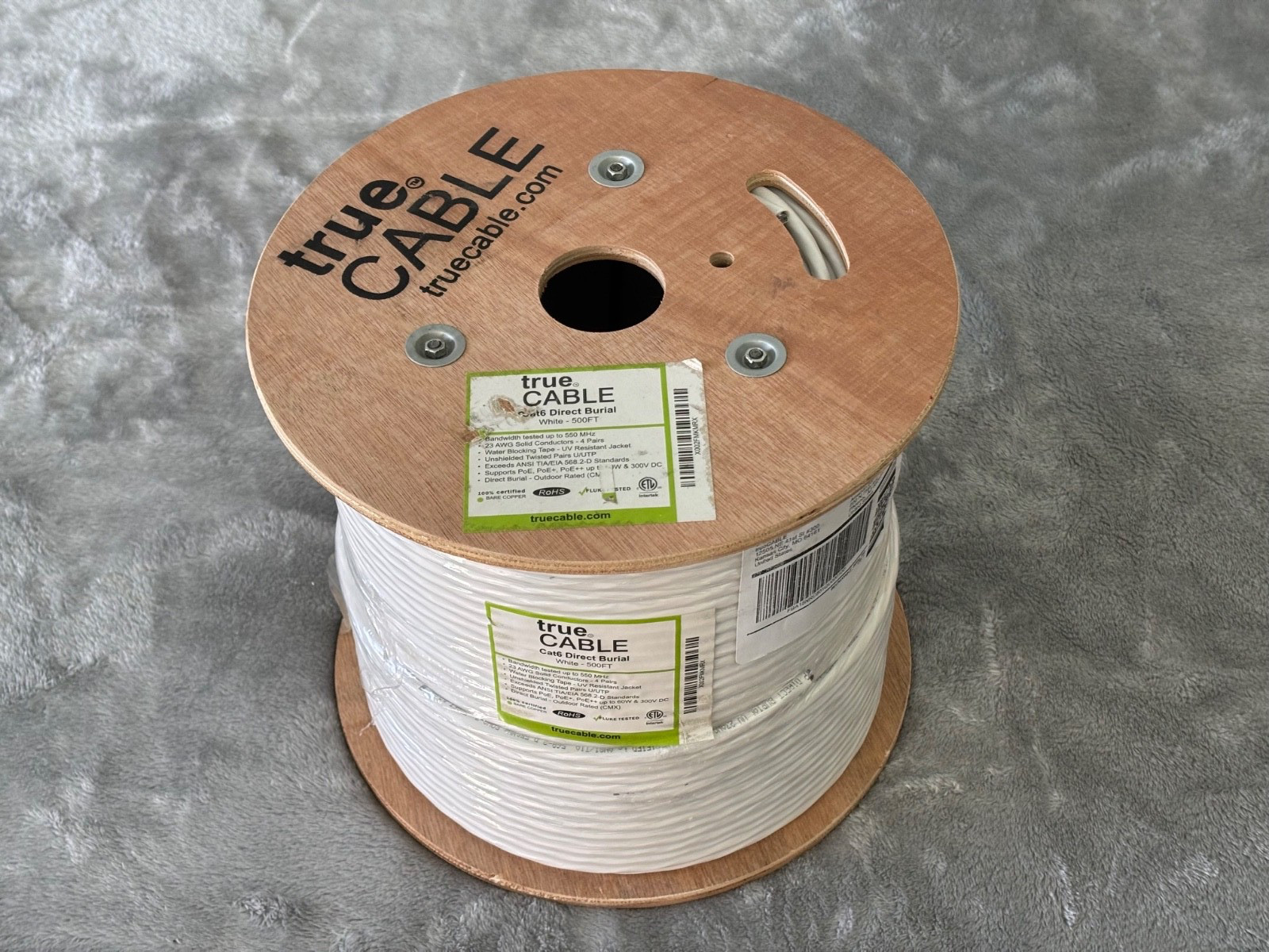 True Cable Cat6 Ethernet U/UTP Unshielded Outdoor Rated Direct Burial 500FT Reel
