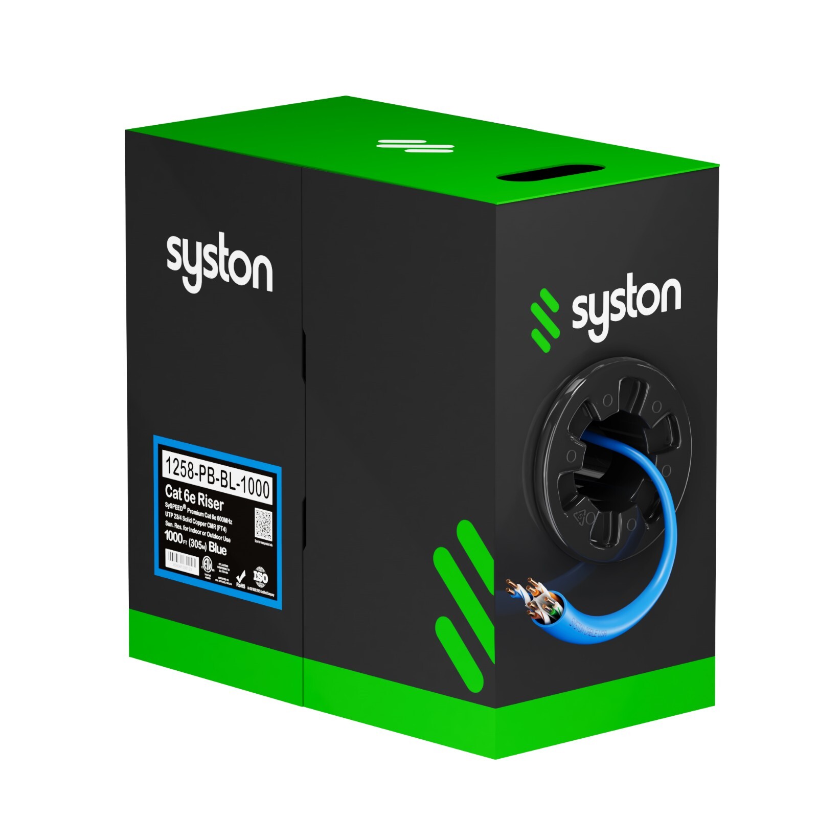 Syston Cat 6e Ethernet Cable 1000ft 23 AWG Bare Copper Wire 600 MHz CMR Bulk Box