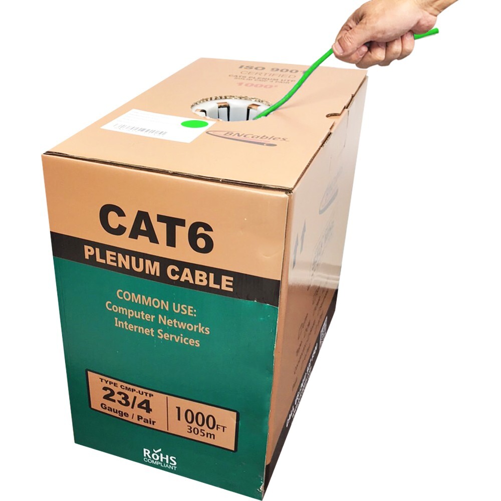 Bulk Cat 6 1000ft Cable Solid Plenum CMP Rated 550 Mhz 23 Awg Cable Green