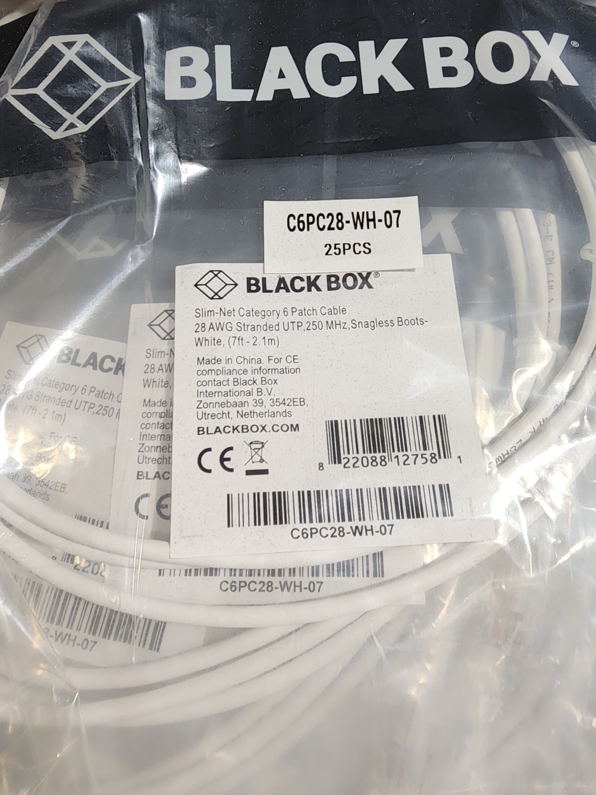 50 Pack 7ft White Black Box Slim-Net Cat 6A Patch Cable 28AWG UTP Snagless