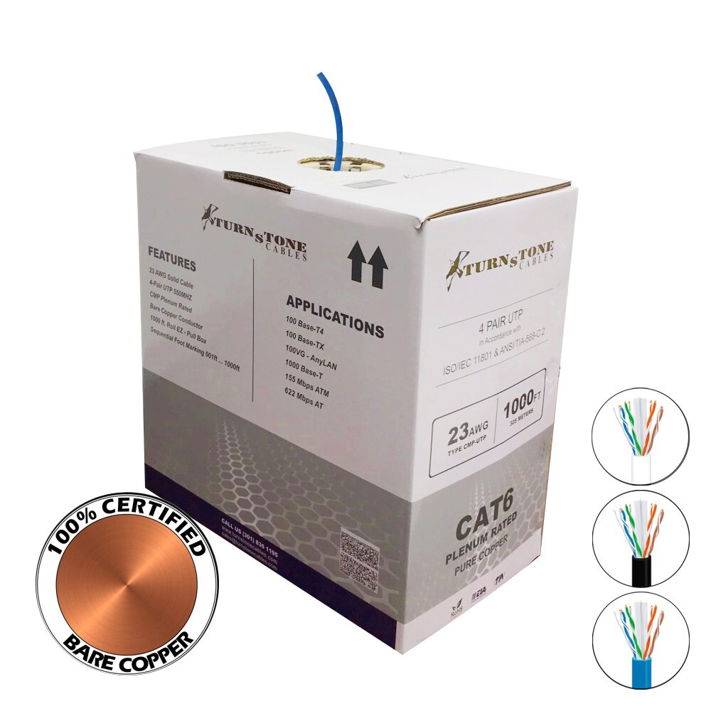 TSCables Cat6 Cable 1000ft Solid Bare Copper 550Mhz Plenum Rated Blue Not CCA