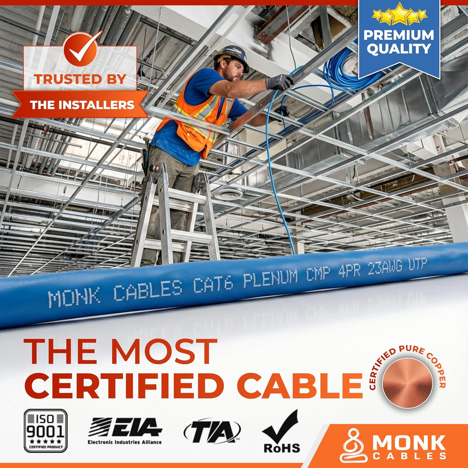 MONK CABLES | CAT6 Plenum Cable 1000Ft | 100% Pure Copper | UTP, 23AWG, 550Mhz