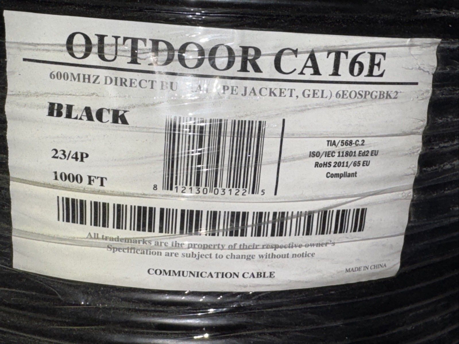 Outdoor Direct Burial CAT 6E 600 MHz Solid Copper Gel Jacketed 1000 Ft