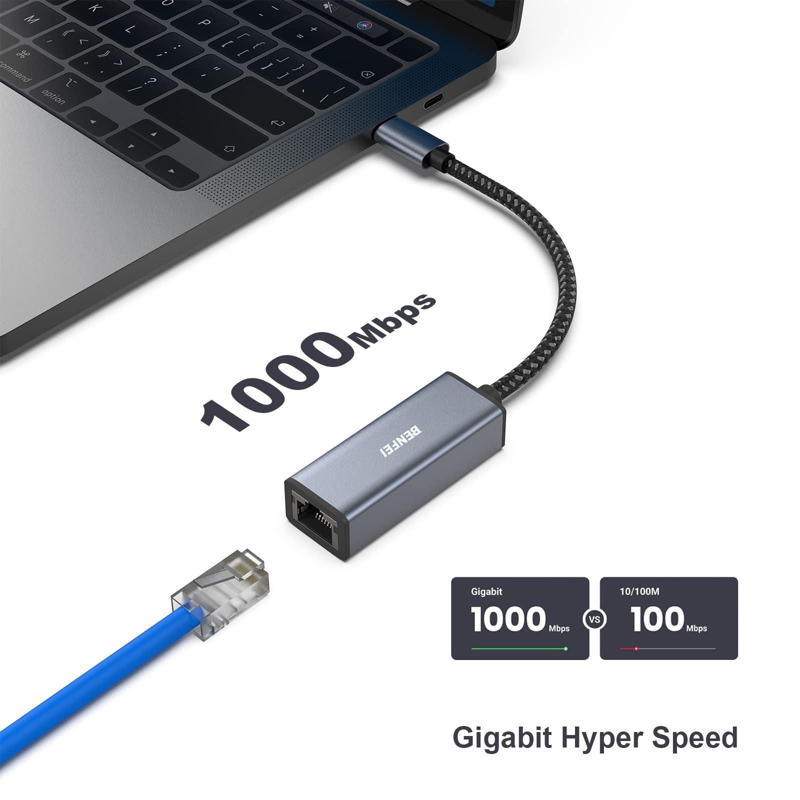 BENFEI USB-C to Ethernet Adapter, USB Type-C (Thunderbolt 3/4) 1 Pack, Black