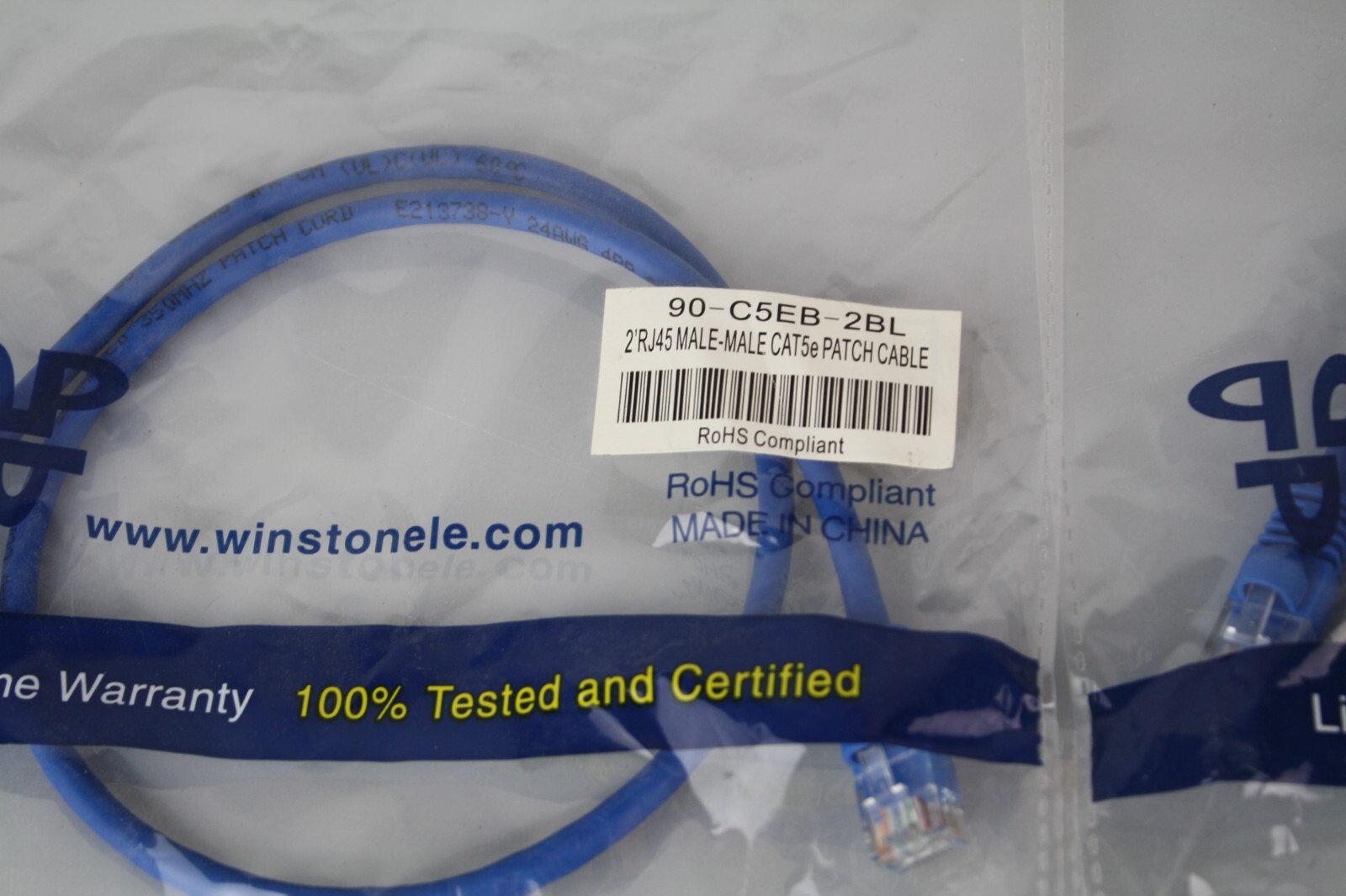 Lot of 5 RoHS Comliant Weltron 2′ RJ45 Male-Male Cat5e Patch Cable