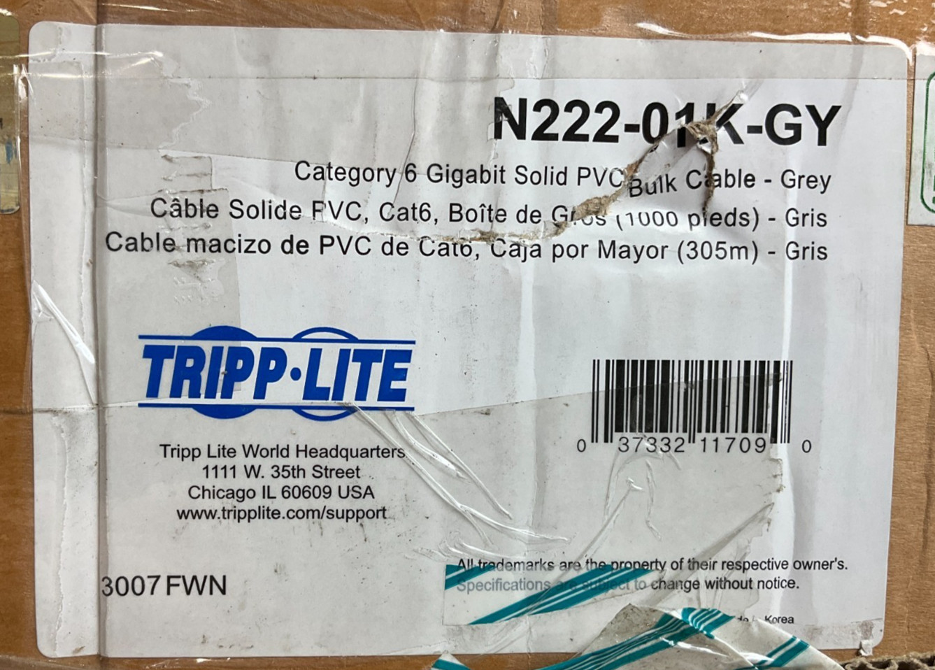 Tripp Lite CAT-6 PVC Bulk Cable – 1000 feet gray N222-01K-GY ✨🔥NEW OPEN BOX!🔥✨