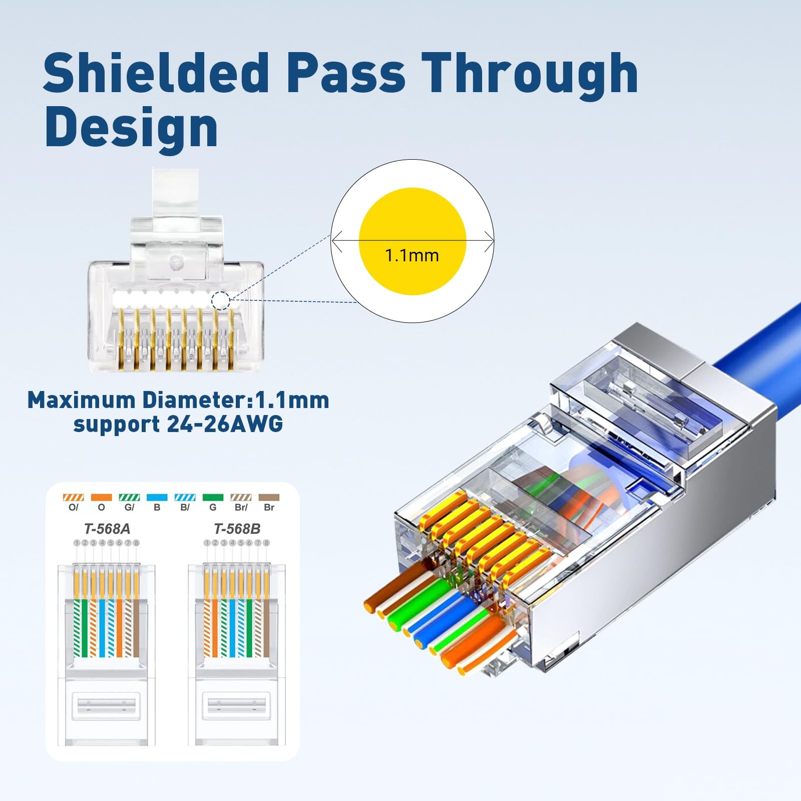 200 PCS Cat 6 Shielded Pass Through RJ45 Connectors Gold Plated 1.1mm Ends